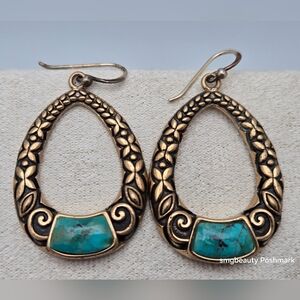 Teardrop Barse Turquoise Earrings Sterling Silver Gold Tone Floral Patterns 2”